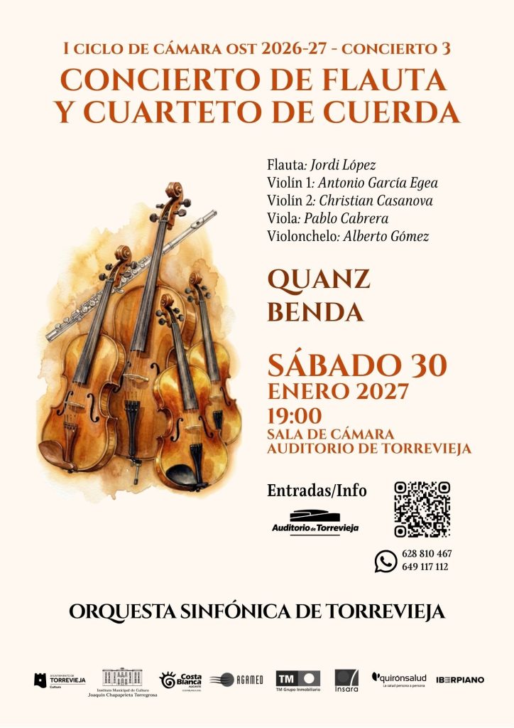 Cartel del concierto «Concierto de flauta y cuarteto de cuerda» de la Orquesta Sinfónica de Torrevieja, 30 de enero de 2027