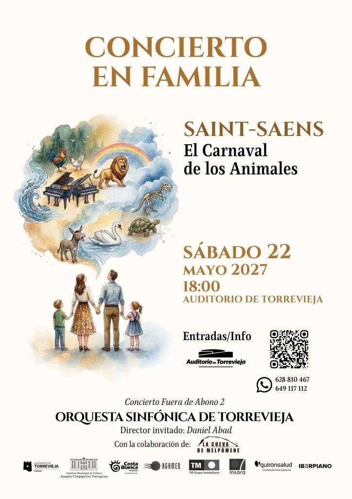 Cartel del concierto «Concierto en familia: El carnaval de los animales» de la Orquesta Sinfónica de Torrevieja, 22 de mayo de 2027